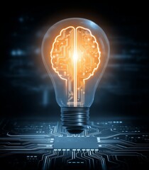 Poster - A brain is set against an abstract technology and web-inspired background in a 2D illustration concept that symbolizes thinking from stock