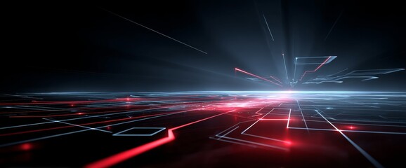 Poster - A 3D rendered scene depicts a circuit board engaged in futuristic server code processing, situated against a dynamic red, green, and blue technological background that incorporates a bokeh effect