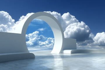 Poster - A futuristic and surreal 3D render picture of an abstract architecture background with a white arched entrance was created by generative AI