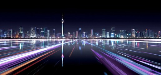 Poster - Surrounding the night city is a glowing light trail with an abstract blue and red gradient, embodying the concept of a smart city with cutting-edge big data connection technology