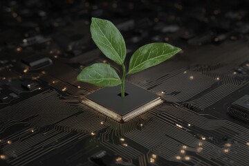 Poster - The image of a plant growing from a computer processor represents the harmonious relationship between technology and nature, emphasizing the importance of sustainable and eco-friendly practices in