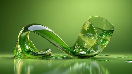 Poster - Stylized green composition with translucent ribbon and fluid mirrored base