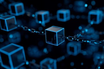 Aufkleber - A 3D rendering of an abstract blue background represents connection and network concepts, featuring big data flow within cyber blockchain fields and a blue network system, all Stock