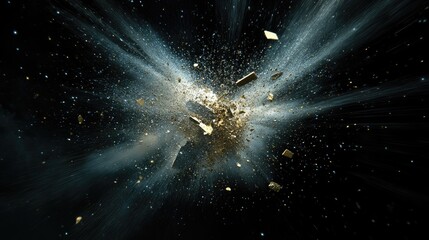 Poster - Starburst of glittery particles flying outward in space, black background fireworks