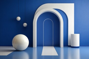 Poster - The abstract design of blue and white walls and buildings set against a blue sky background represents a modern heavenly paradise in a stock image