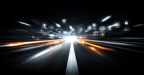 Poster - the idea of data security is visually conveyed through an abstract, blurred image of fast-moving tec