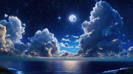 Poster - Soft romantic moonlight over ocean waves, deep blue starry sky with soft cloud veils