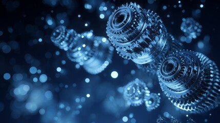 Aufkleber - A blue-toned background showcasing gears up close, symbolizing modern hi-tech digital technology and innovative engineering