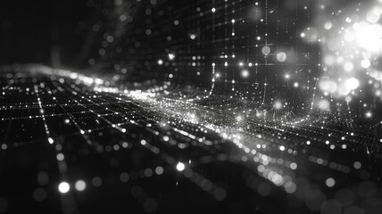 Poster - Futuristic digital network visualization with glowing nodes and lines on a dark background. Abstract image of white smoke and glowing light sparking in dark background. Digital art for design. AIG53.