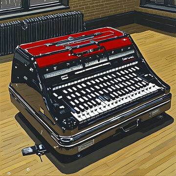 Vintage typewriter in a studio, hardwood floor, sunlight.  Stock photo for retro, office, writing concepts