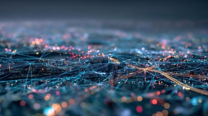Poster - A 3D representation of futuristic technology, where complex neural data networks, programming code, web development, and machine learning intersect, set amidst a backdrop of stock and innovation