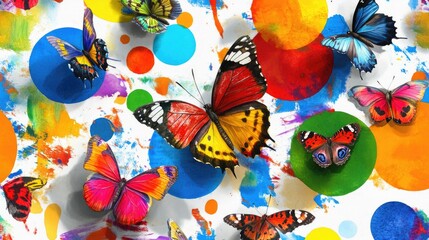 Poster - Seamless artistic pattern with vivid watercolor circles and whimsical butterflies