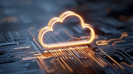 Poster - On a circuit board, a blue cloud floats, embodying the idea of cloud computing