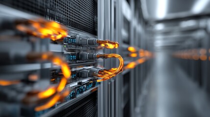 Poster - In a modern server room, internet LAN cables play a crucial role in storing and transmitting information through a secure internet technology network