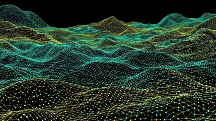 Poster - A futuristic digital cyberspace features flowing waves of green and blue particles, interconnected by lines and dots, forming an abstract technological network background, created through 3d