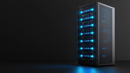 Poster - powerful server rack illuminates in a dark room, symbolizing modern data technology
