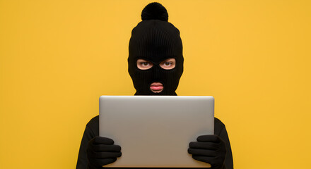 Aufkleber - person in black balaclava holding silver laptop against a bright yellow background in studio setting