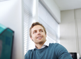 Aufkleber - Man, business and thinking in office for project at company, work and career as employee with smile. Consultant, planning and ready in workplace with idea for investment, development and opportunity