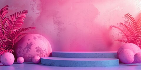Poster - Geometric pink and purple structures with spherical shapes. Abstract image of 3D rendering of geometric shape with gradient vibrant color. Digital art for futuristic and architectural design. AIG51.