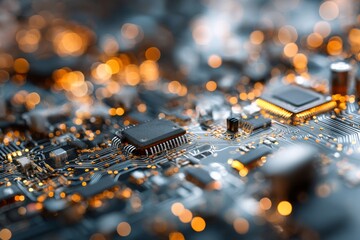 Poster - A computer system's abstract technological background features a processor and electronic circuit, complete with artificial neurons, data connections, and quantum computing elements