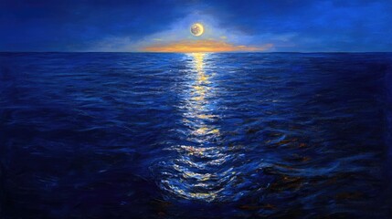 Poster - Peaceful moonlit ocean scene, moon reflection shimmering on rippled water