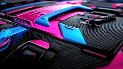 Poster - Pink-blue tech lines glowing over black surface, layered 3D effect