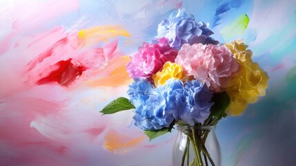 Poster - Pastel hydrangea bouquet with abstract ink wash background, vibrant yet soft artistic display