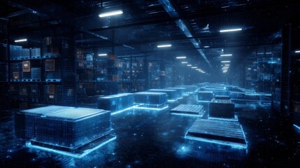 Aufkleber - A retail warehouse of the future featuring electronic grids and a barcode scanner banner showcases digital innovation in logistics