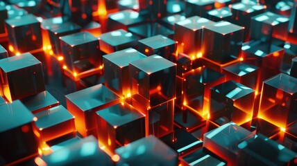 Poster - Abstract glowing cube structure in sci-fi landscape at sunset. Digital artwork of 3D rendering of cube with glowing light. Futuristic and surreal concept for design and print. Geometric shape. AIG53.