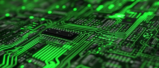 Poster - Concept of futuristic technology represented by a green illuminated circuit board with various electronic parts
