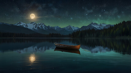  A photograph of a lone wooden rowboat gently resting on the surface of a glassy lake under a vibrant moonlit sky.
