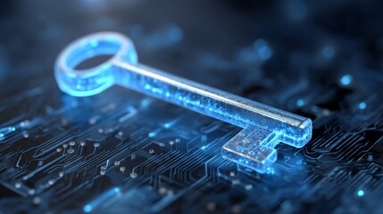 Poster - Illuminated, the private key is incorporated into a larger mounting plate, representing the intersection of technology, innovation, and global digital technologies, in fields such as business,