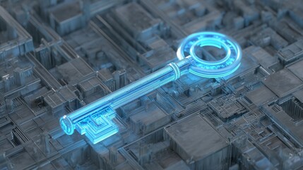 Poster - The private key is illuminated and forms part of a larger mounting plate, embodying concepts of technology and innovation for business, security, or other operations, within global digital