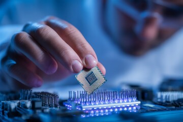 Poster - A modern scientific laboratory is where an African-American scientist works on the research and development of microelectronics and processors, and a manufacturing worker makes use of computer