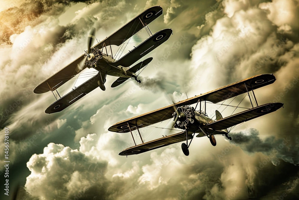 Two vintage WWI biplanes flying in dramatic cloudy sky Stock Photo ...