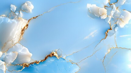Poster - Serene watercolor design blending sky blue and soft white with marble texture and gold veins