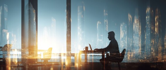 Poster - The global business concept is illustrated by a businessman working with a laptop and digital tablet, connected to the internet network, leveraging digital technology, data exchange, and cloud