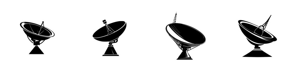 Poster - Vector illustration of black and white satellite dishes in various positions for telecommunications and data transmission