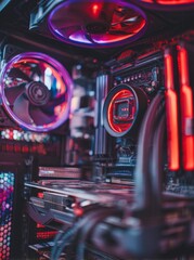 Poster - The desktop of a processor, with contacts up, rests on the motherboard of a personal computer, illuminated by blue neon and presented against a technological background that includes computer parts,