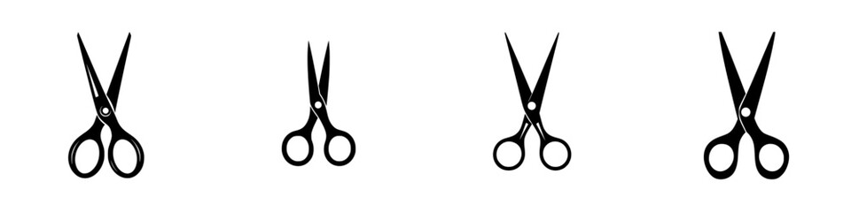 Poster - Vector illustration of black and white scissors icons for various design applications, showcasing different sizes and orientations