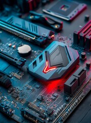 Poster - The processor's desktop is positioned with its contacts facing upwards on a personal computer's motherboard, illuminated by blue neon lighting against a technological backdrop of computer components