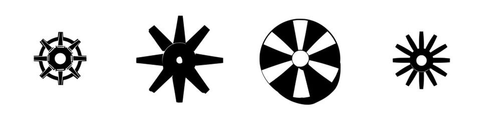 Poster - Vector illustration featuring four distinct black and white shapes resembling various abstract star and wheel designs with symmetrical structures