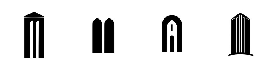 Poster - Vector illustration showcasing a series of architectural icons in black and white, representing various building forms and structures
