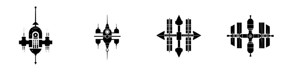 Poster - Vector illustration of four distinct monochrome spacecraft designs showcasing futuristic concepts