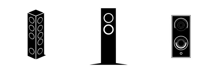 Poster - Vector illustration of three distinct speaker designs in black and white showcasing modern audio aesthetics