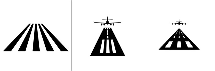Poster - Runway vector illustration depicting airplane landing on a runway in black and white style with clear markings and perspective