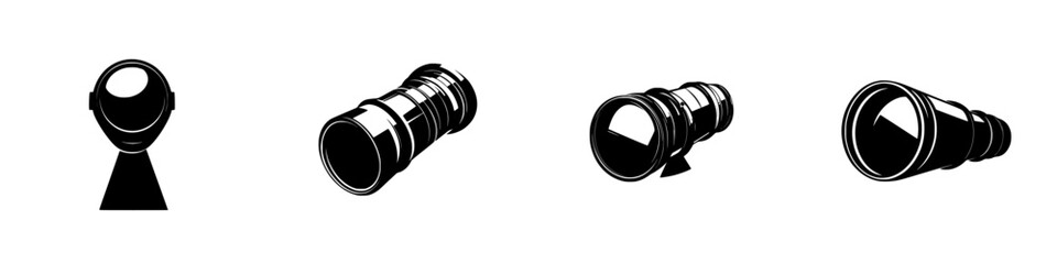 Poster - Vector illustration of various black and white camera lenses showcasing different styles and perspectives in a minimalist design