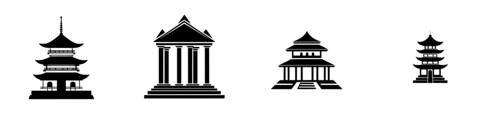 Poster - vector illustration of various architectural styles including pagodas and classical buildings in bla