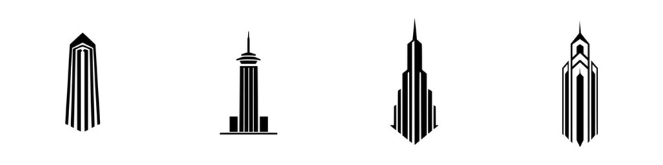 Poster - Vector illustration of four distinctive skyscraper icons in black and white design showcasing architectural creativity and style