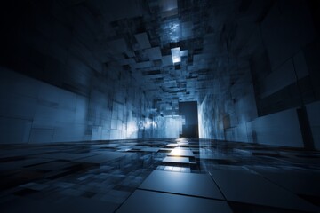 Aufkleber - A 3D square and neon light line are set against a dark blue background, accompanied by a blue technology background featuring glowing cubes in a toned 3D rendering image that is Stock